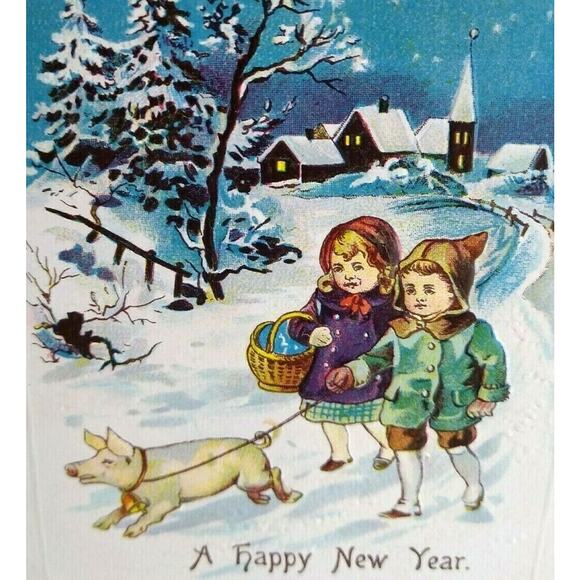 New Years Postcard Children Walking Pig Embossed Vintage Original Germany 1217 - Picture 1 of 3